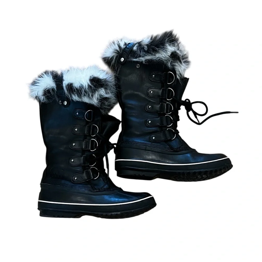 Sorel Joan of Arctic Lux Leather Black Winter Boots with Fur Trim - Picture 2 of 8